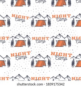 Camp Night Pattern. Adventure Seamless Background. Nature Hiking Scene. Stock Vector Texture