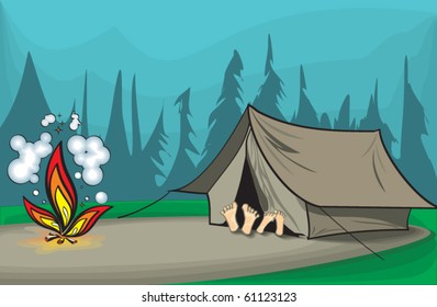 Camp at night. Tourists rest in a tent. Vector illustration