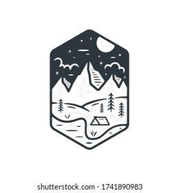 camp on the forest vintage illustration design. adges and logo patches. Mountain tourism, hiking. Forest camp labels in vintage style, Camping outdoor adventure emblems.