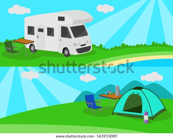 Camp on the meadow. Caravan car and tent.
Vector illustration.