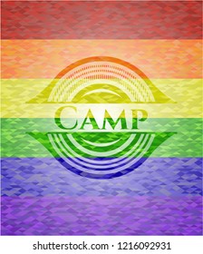 Camp on mosaic background with the colors of the LGBT flag