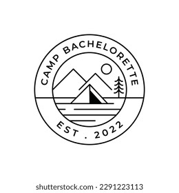 camp on mountain background with tree logo and moon isolated on emblem