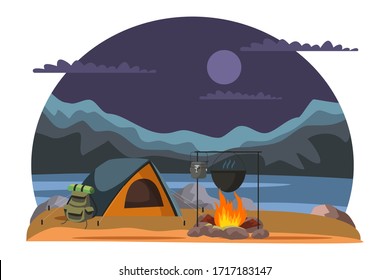 Camp on nature with beautiful view at night time. Traveler camping in evening. Burning bonfire, boiling soup on fire. Mountains and river on landscape. Tent and backpack. Overnight stay and picnic