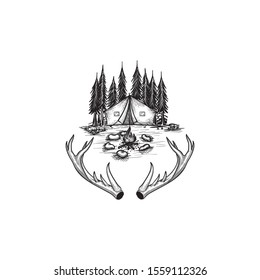 Camp on pine forest adventure outdoor sport logo template