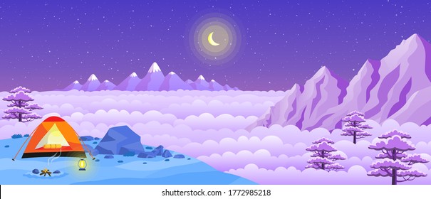 A camp on the top of the hill. The night is full of stars and the crescent moon