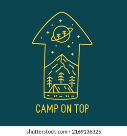 camp on top mountain nature wildlife design for badge patch pin graphic t-shirt design