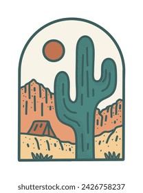 Camp on wild desert mono line vector design for t shirt badge patch sticker illustration