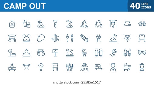 Camp Out vector line icon set. Includes minimalist icons for fishing, activity, knife, binocular, van, adventure. Perfect for logos and infographics. Vector icons editable stroke.