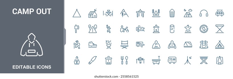 Camp Out vector line icon set. Includes minimalist icons for fishing, activity, knife, binocular, van, adventure. Perfect for logos and infographics. Vector icons editable stroke.