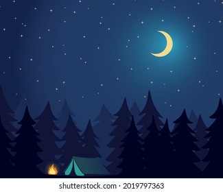 Camp Outdoor. Campground in Forest. Night sky with stars and moon. Vector Illustration