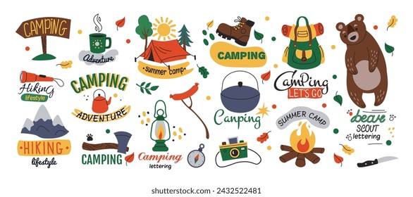 Acampar al aire libre. Pegatina de camping. Explora la aventura en la montaña. Icono de garabato de fogata. Letra y comillas caligráficas. Tienda de verano y bota de senderismo. Oso silvestre del bosque. Conjunto de diseño de parches vacacionales ordenados vectoriales