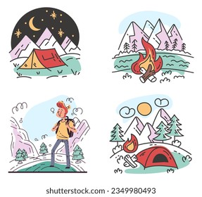 Camp outdoor element sticker logo emblem campfire isolated set. Vector graphic design element illustration