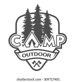The camp outdoors, hiking and traveling. Poster, emblem.