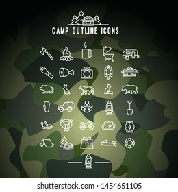 Camp Outline Icons. Camping Activities Vector image on camouflage background.