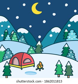 Campamento Fuera De La Noche De Invierno Doodle Ilustración Vector Premium