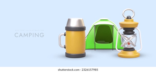 Camp with overnight stay. 3D tent, kerosene lantern, thermos with handle. Advertising horizontal banner in cartoon style. Hiking, camping. Scouting adventures