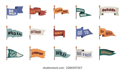 Camp pennant. Boy scout camping emblem patch, adventure circle emblem with wild life slogan and motivation motto. Vector isolated collection. Colorful bunting with text be free, hike