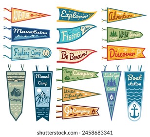 Camp pennant flags camping and travel tourism arrow banner design template set vector flat illustration. Summer adventure explorer fishing discover mountain boat station and forest sticker patch