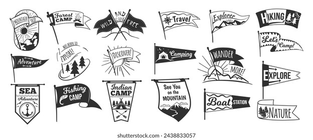 Camp pennants logo. Camping pennant retro emblem, varsity sport flag black sign explore travel club sketch lettering university sticker university symbol, neat vector illustration of pendant discover