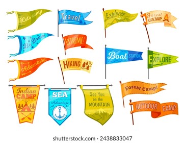 Camp pennants. Varsity outdoor banner or camping pennant, university sport flag hipster adventure scout club vintage emblem travel motto wanderlust badge, vector illustration of adventure flag pendant