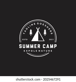 Camp and pine tree for hipster adventure logo design vector graphic 	
