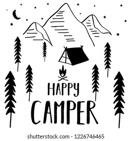 camp pine tree mountain fire child illustration art vector 