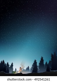 camp in pine wood perspective when starry night