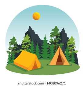 camp with pines trees and mountains with sun