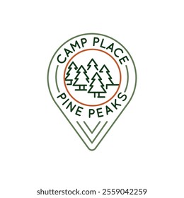Camp Place Pine Peaks icon. Simple Logo with of pines, ideal for showcasing themes of travel mobile living. Perfect for use in apps, travel websites, or print materials. Vector illustration.