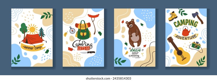 Camp poster. Hiking adventure. Camping sticker. Tent and bonfire. Forest tree. Wild bear. Mountain explore. Summer travel. Scout boots and backpack. Vacation banners. Vector tidy tourism flyers set