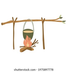 A camp pot hanging from a branch above campfire. Hand drawn flat vector illustration isolated on white background. Camping cooking equipment.