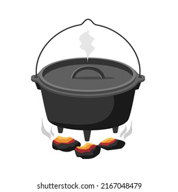 A camp pot on hot coals. Vector clipart.