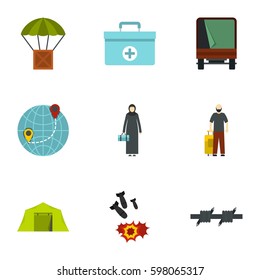 Camp of refugee icons set. Flat illustration of 9 camp of refugee vector icons for web