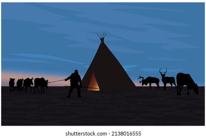 Camp Of Reindeer Herders In The Siberian Tundra.