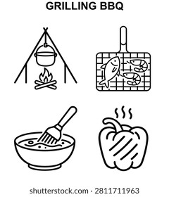 Camp and seafood grilling icon set with hanging pot over fire, fish and shrimp basket, sauce brush and steaming bell pepper