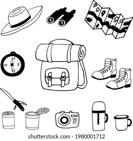 camp set icon. hand drawn doodle. vector, scandinavian, nordic, minimalism, monochrome. hike map binoculars canned food backpack