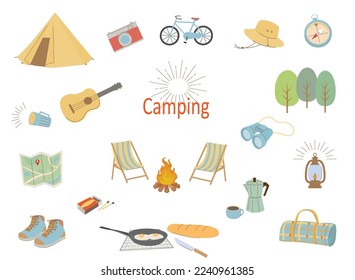 camp set illustration. Tent, map and others.