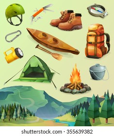 Camp set of vector icons, low poly style