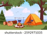 Camp site. Nature camping landscape with tent and campfire, summer forest camp flat vector illustration. Cartoon camping view