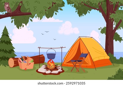 Camp site. Nature camping landscape with tent and campfire, summer forest camp flat vector illustration. Cartoon camping view