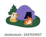 Camp site, tent, backpack and fire. Camping place, campsite with campfire, rucksack in nature. Holiday outdoor adventure, bonfire and knapsack. Flat vector illustration isolated on white background