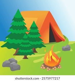 Camp site, tent, backpack and fire. Camping place, campsite with campfire. Holiday outdoor adventure, bonfire. Flat vector illustration isolated.