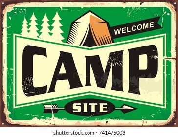 Camp site welcome sign with pine forest and tent graphic on green background. Vector EPS image. Camping retro illustration template.