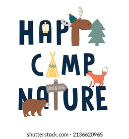 Camp Slogan Typography with Cute Cartoon Forest Animals Characters