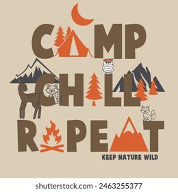 Camp Slogan Typography with Cute Cartoon Forest Animals Characters