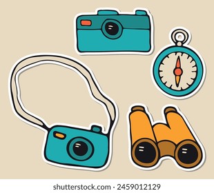 Camp stickers set of photo camera, compass and binocular. Hand drawn vector doodles in flat style.
