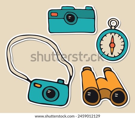 Camp stickers set of photo camera, compass and binocular. Hand drawn vector doodles in flat style.
