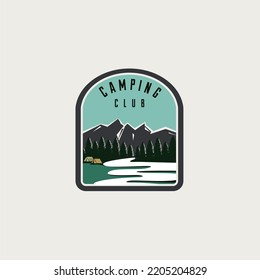 CAMP Summer camp. Vector. Concept for shirt or logo, print, stamp, patch or tee. Vintage typography design with rv trailer, camping tent, campfire, bear, man with guitar and forest silhouette