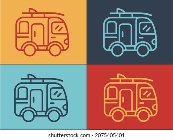 Plantilla de logotipo de bus de campaña, sencillo icono plano de verano, bus, surf