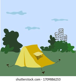 Camp from the tent. Camping picnic in summer forest  near city .vector illustration. Vector illustration. Travel, vacation, relaxation, nature.